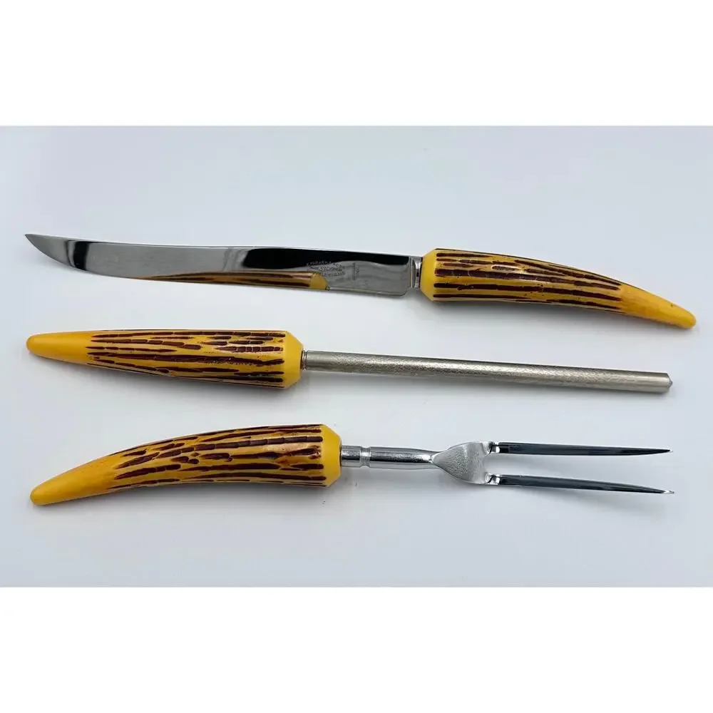 Vintage E. Parker & Sons Sheffield Faux Antler Bakelite 3pc Carving Knife Set